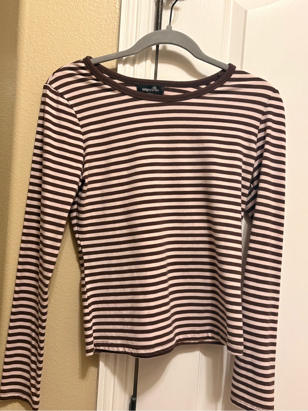 Madewell Brown & Pink Striped Long Sleeve Crewneck Tee